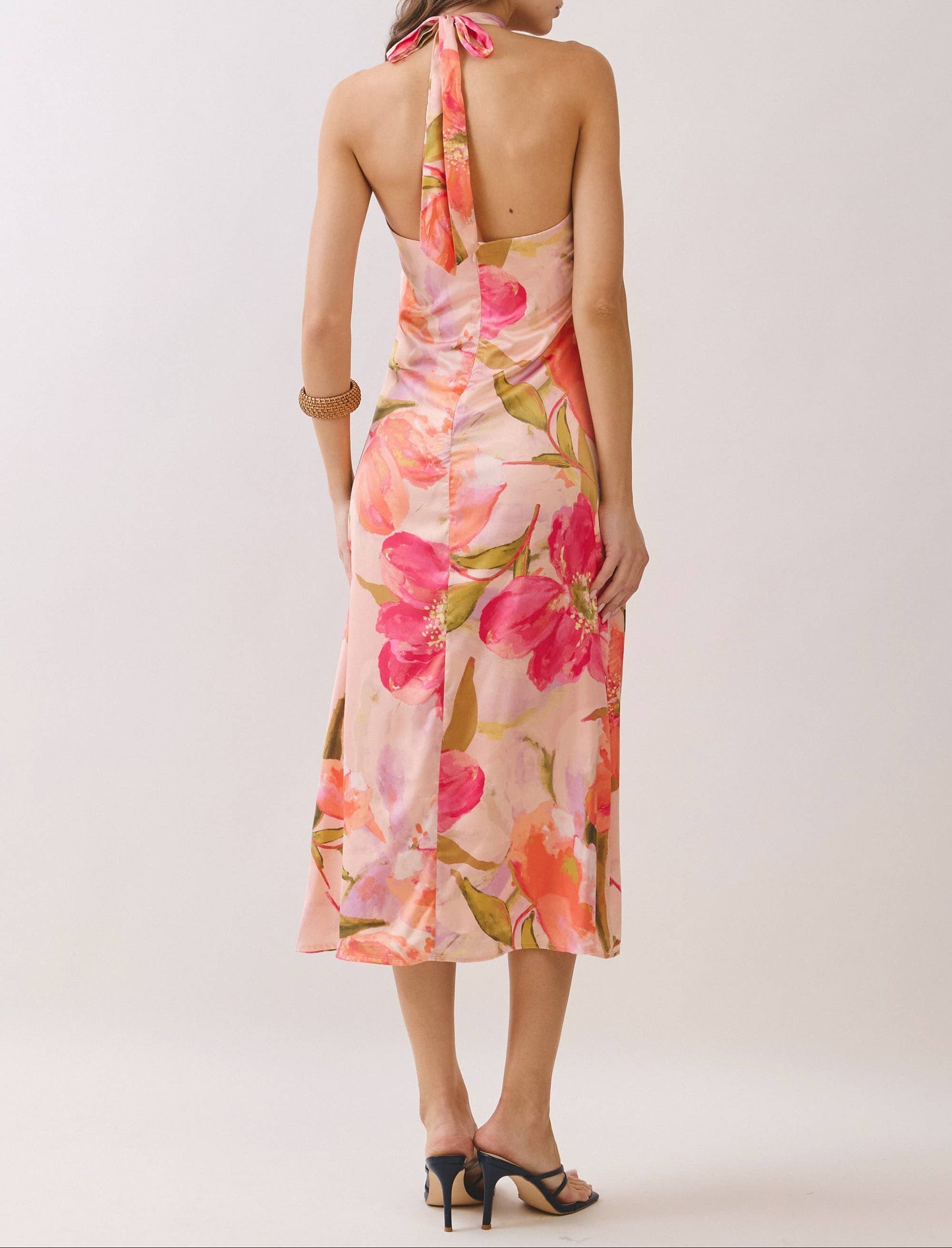 Pretty Little Floral Print Halter Neck Midi Dress - Pink