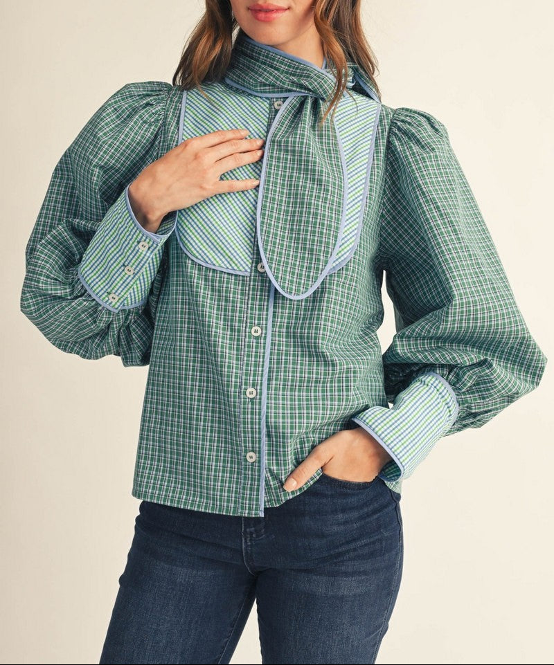 Wipe Away Tie Neck Accent Button Down Plaid Blouse - Green Mix