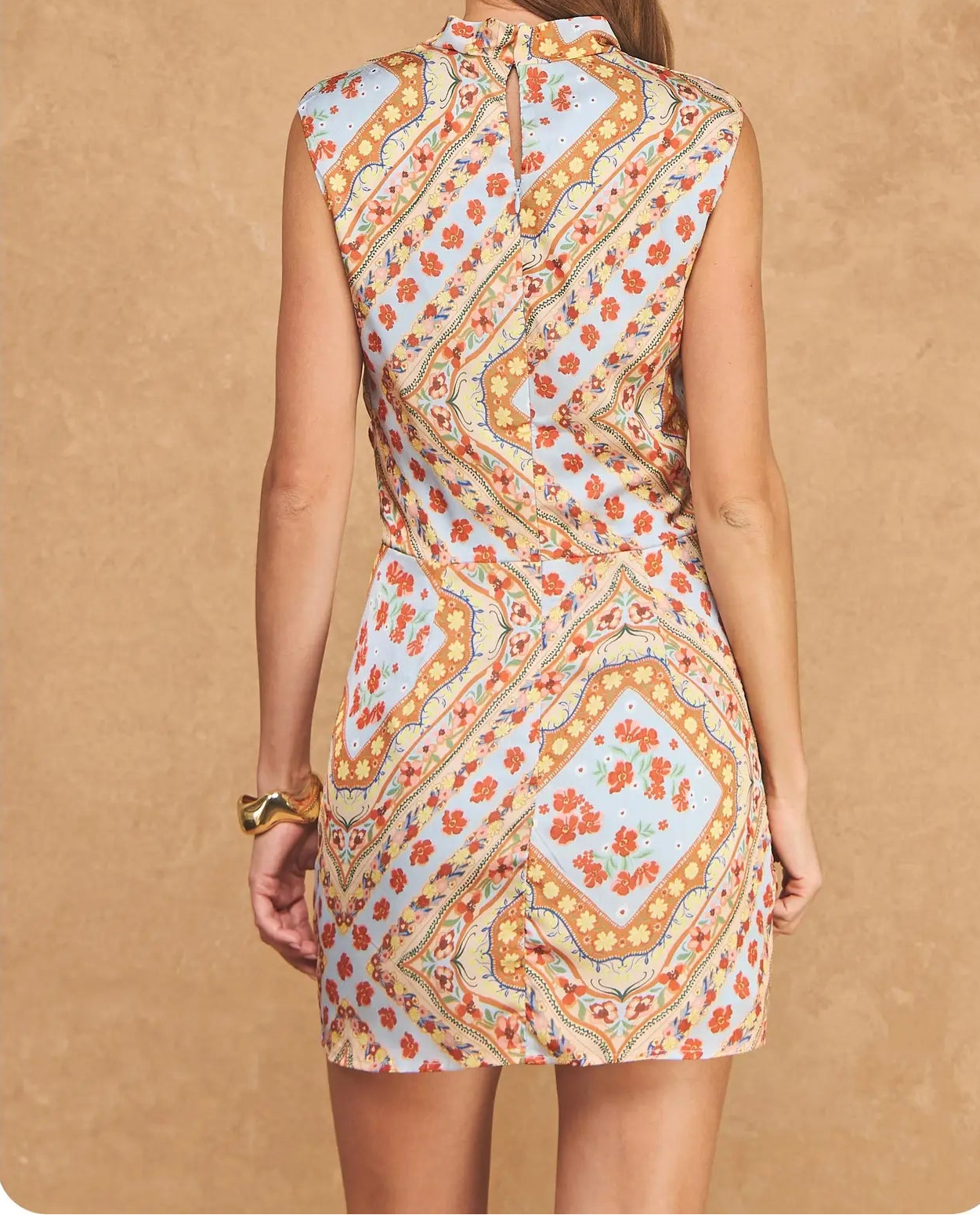 My Love Geo Scarf Print Sleeveless Draped Neck Mini Dress - Light Blue/Rust Orange