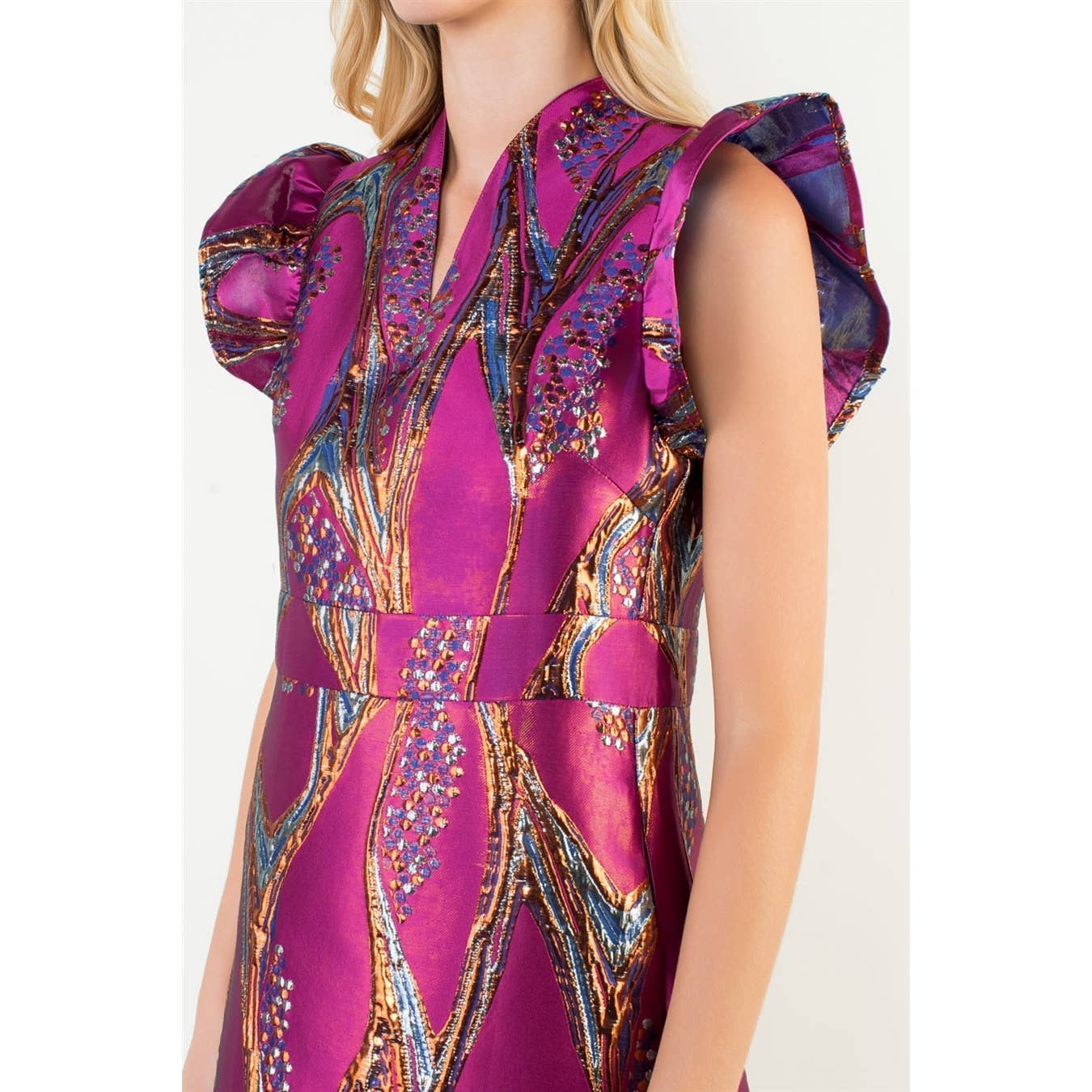 Flying Solo Flutter Sleeve Pattern V-Neck Dress - Magenta