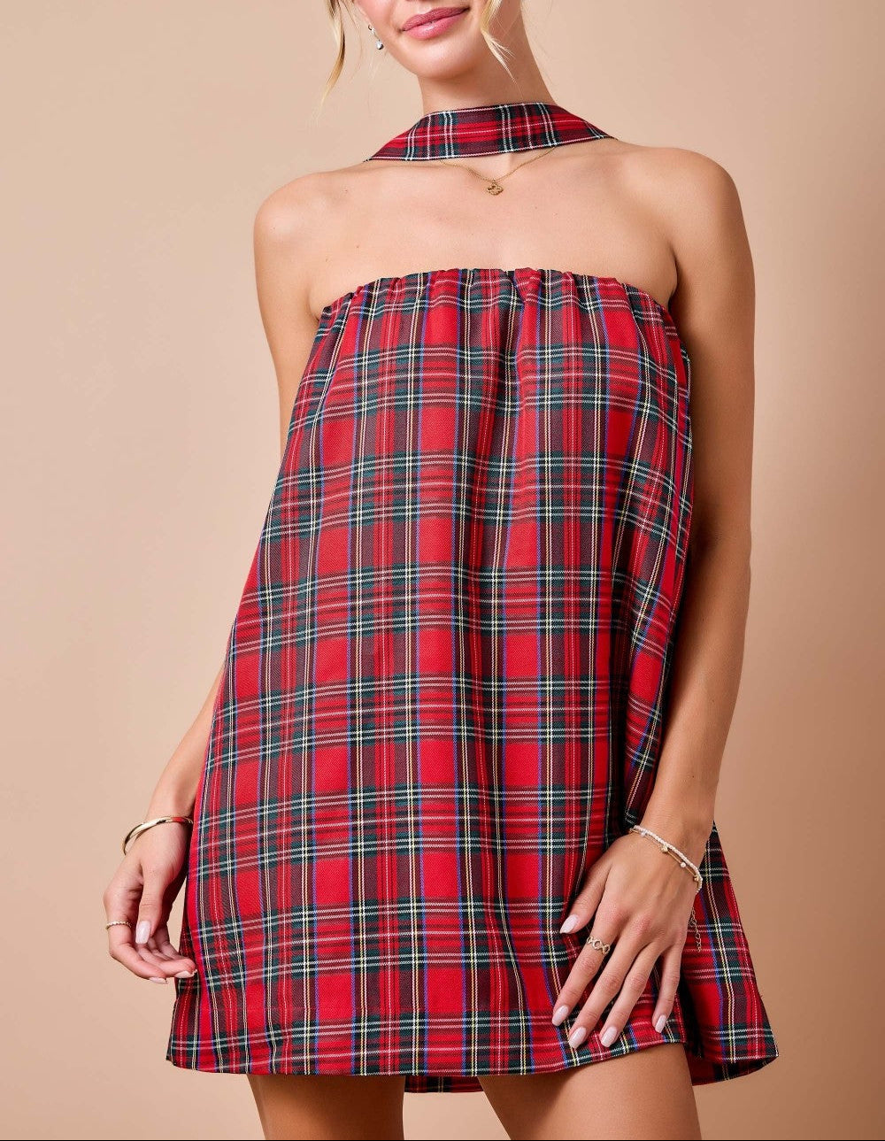 I Believe Strapless Holiday Christmas Plaid Mini Dress with Matching Scarf - Red Multi