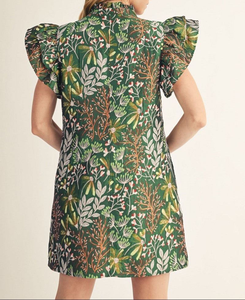 Planted In Faith Layer Sleeves Floral Leaf Jacquard Dress - Green