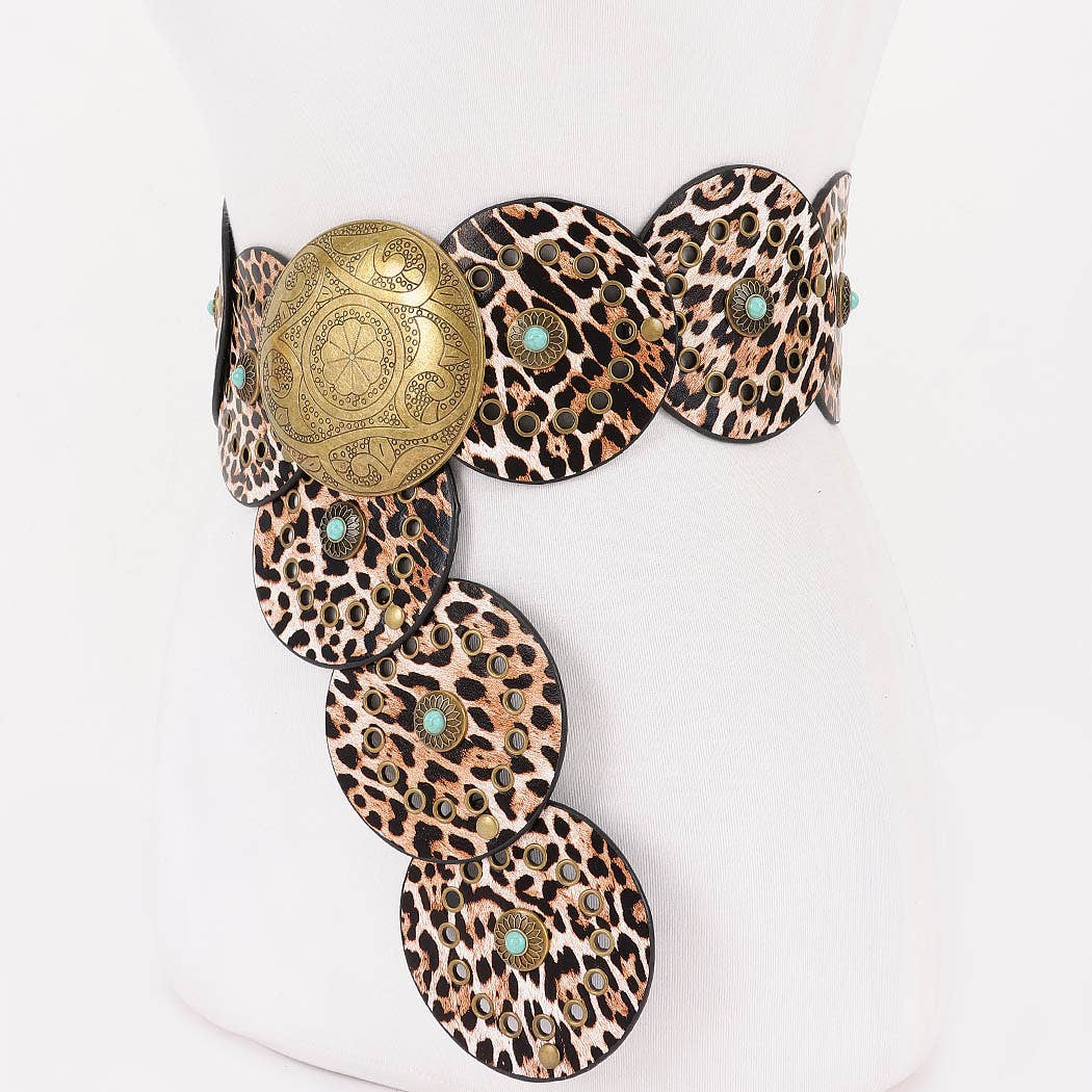 Faux Leather Disc Belt - Leopard