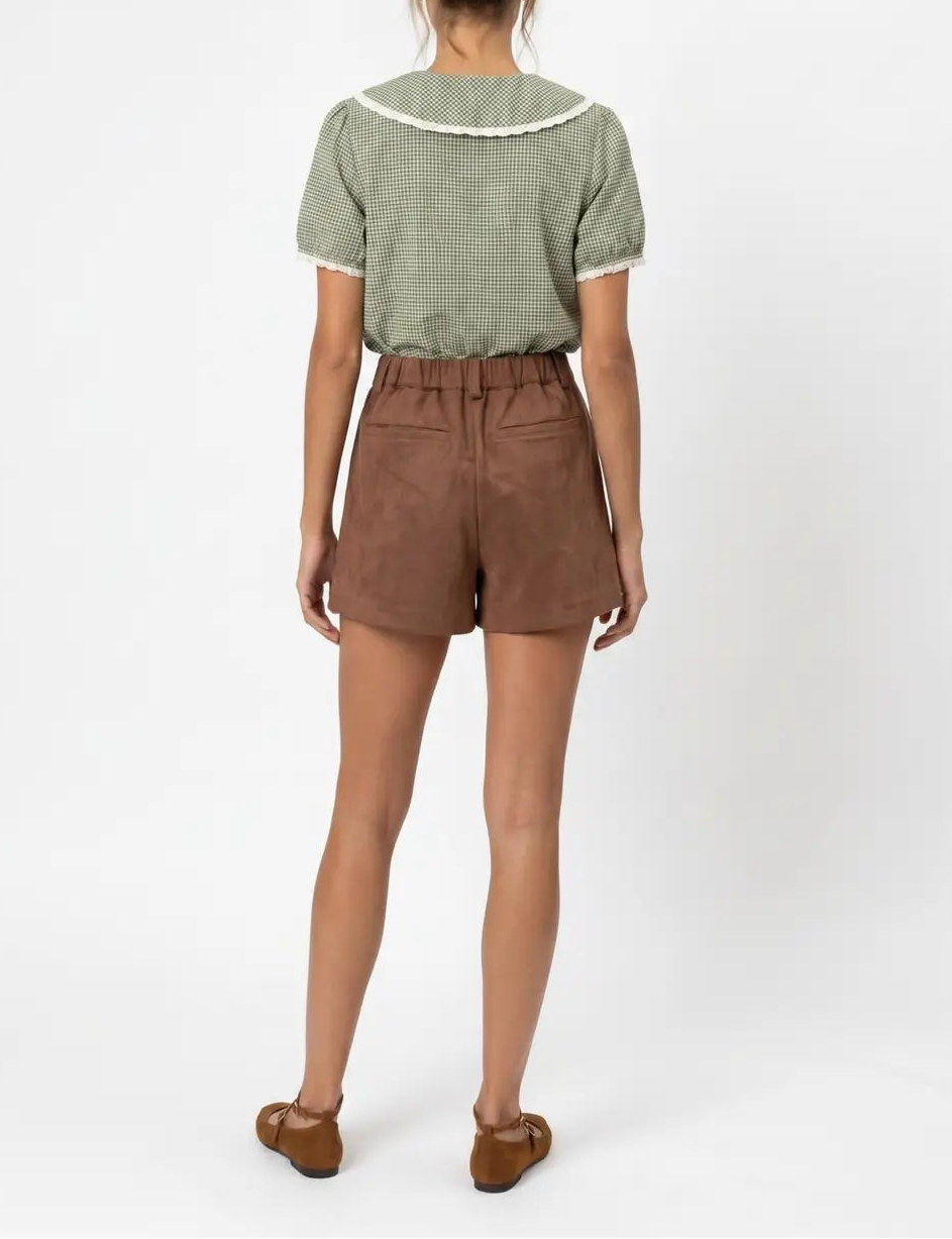 Long Gone Suede Pleated High Waisted Shorts - Espresso