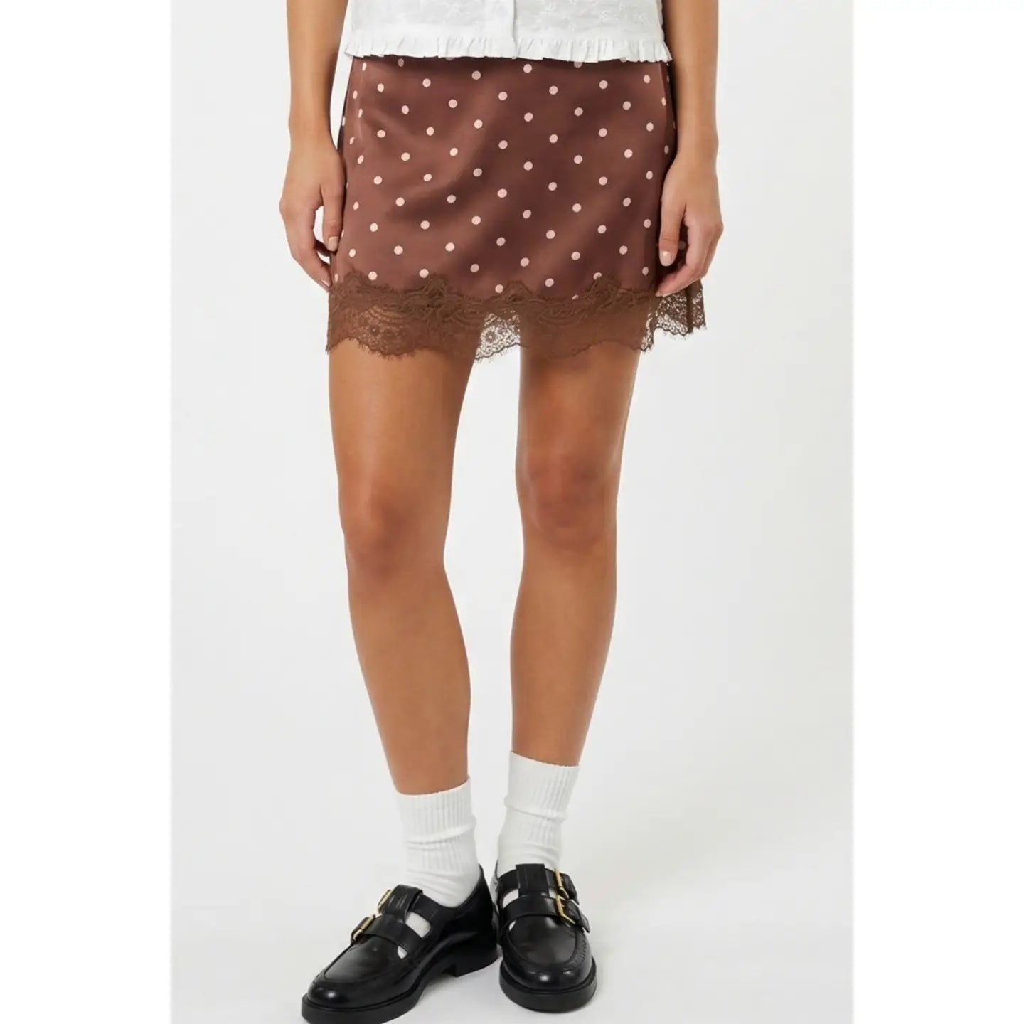 Express Yourself Polkadot Mini Skort with Lace Trim - Chocolate/Taupe