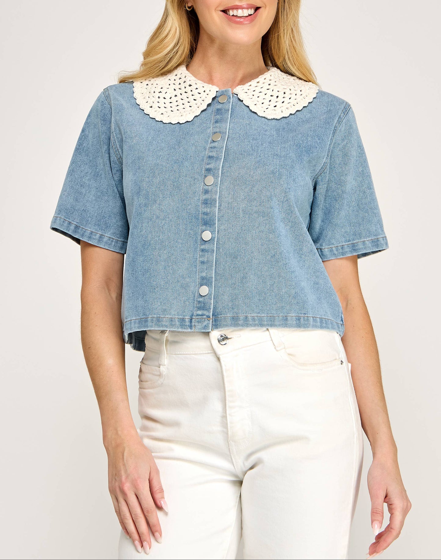 Wendy Crochet Collar Boxy Denim Top - Light Wash
