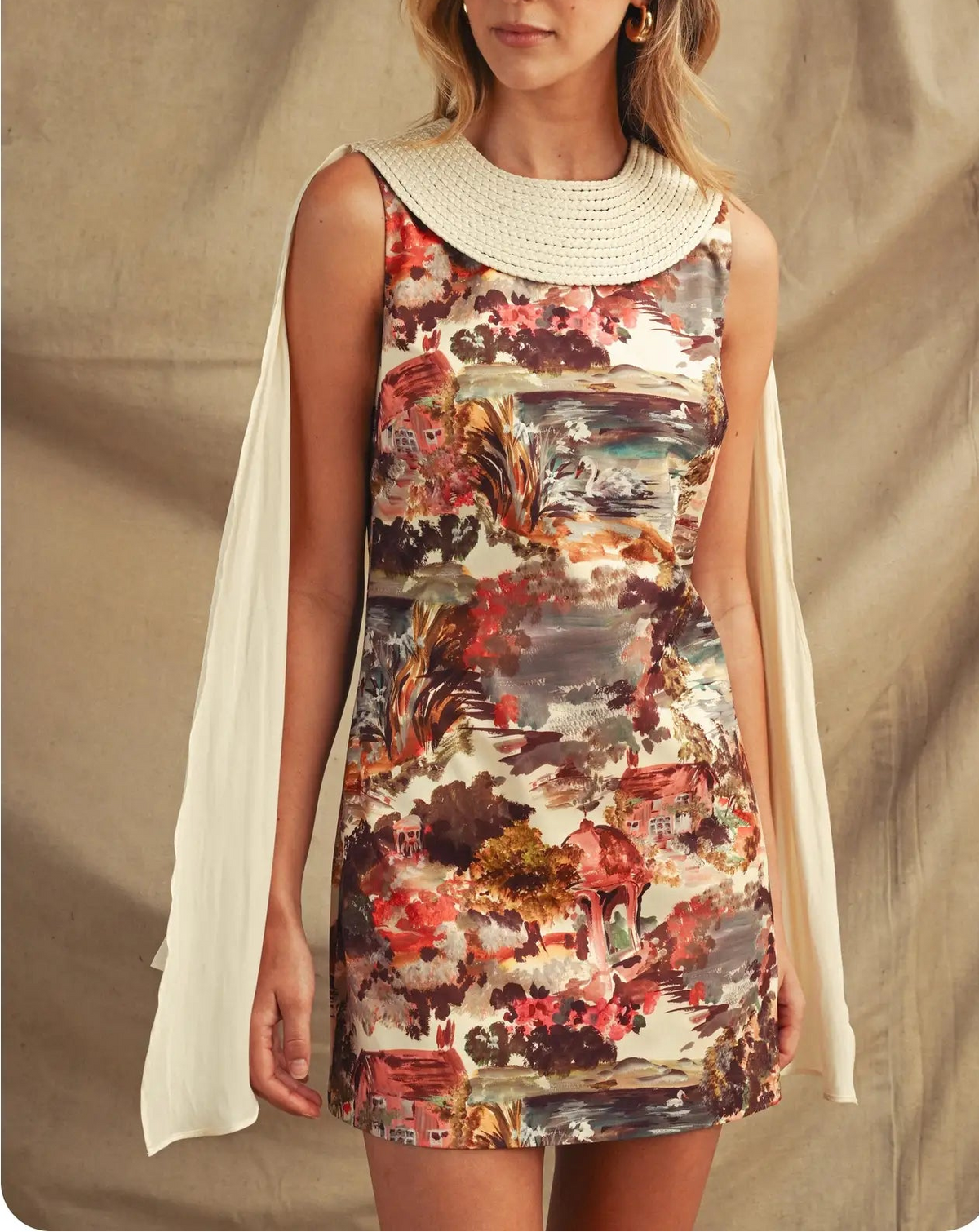 Cottage Garden Braided Neckline Cape Mini Dress - Multi