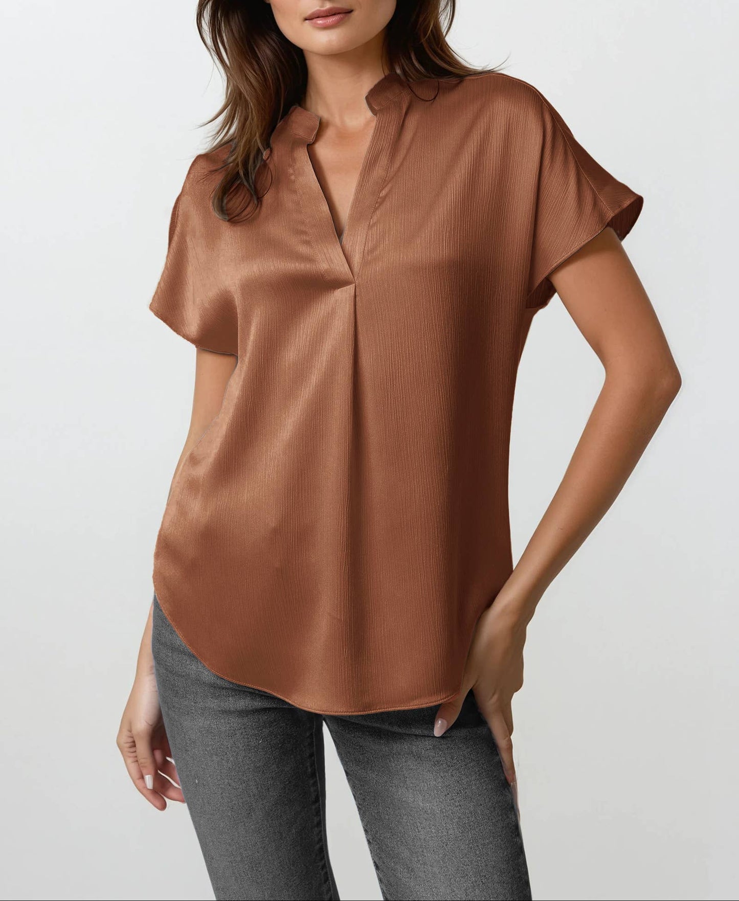 Chart Topper Drop Shoulder Blouse In Crinkle Satin - Brown