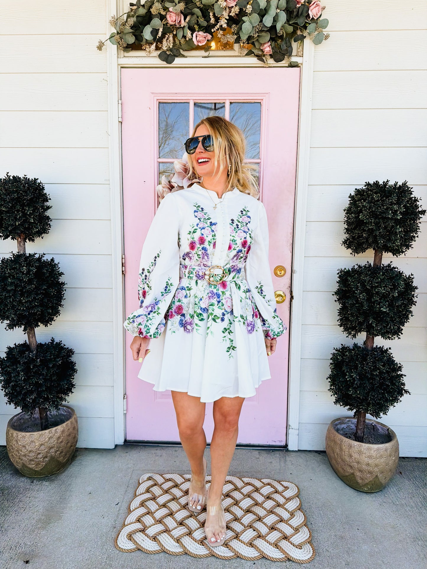 Planting Roots Floral Print Detail Short Dress - Off White