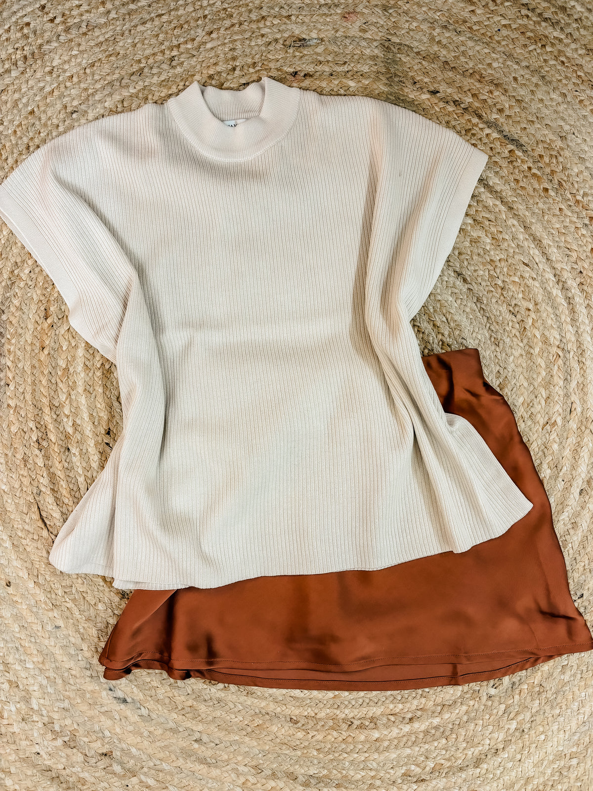 Something New Viscose Mock Neck Short Sleeve Boxy Sweater - Sand Beige