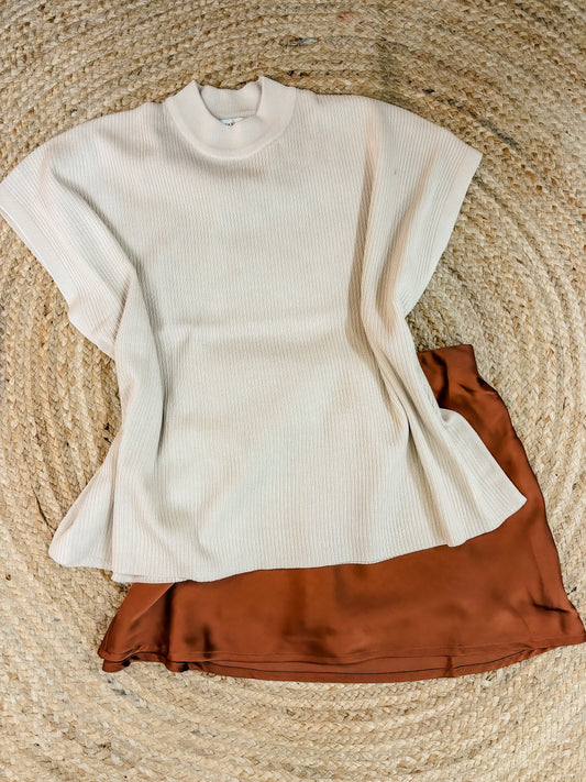 Something New Viscose Mock Neck Short Sleeve Boxy Sweater - Sand Beige