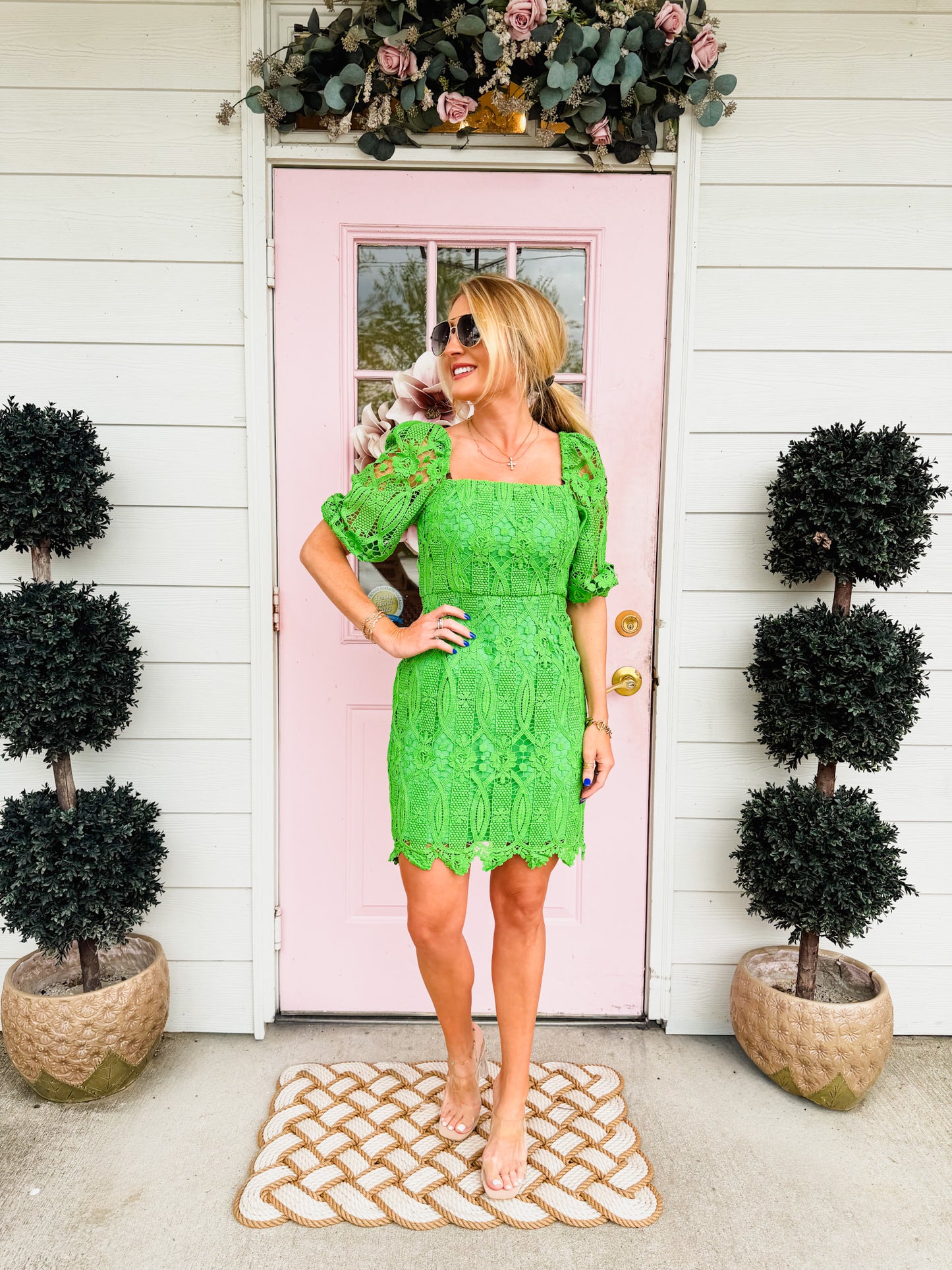 Emery Puff Sleeve Lace Mini Dress - Matcha Green