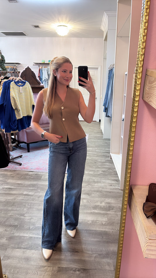 Go For Gold Sleeveless Gold Button Knit Sweater Vest - Mocha