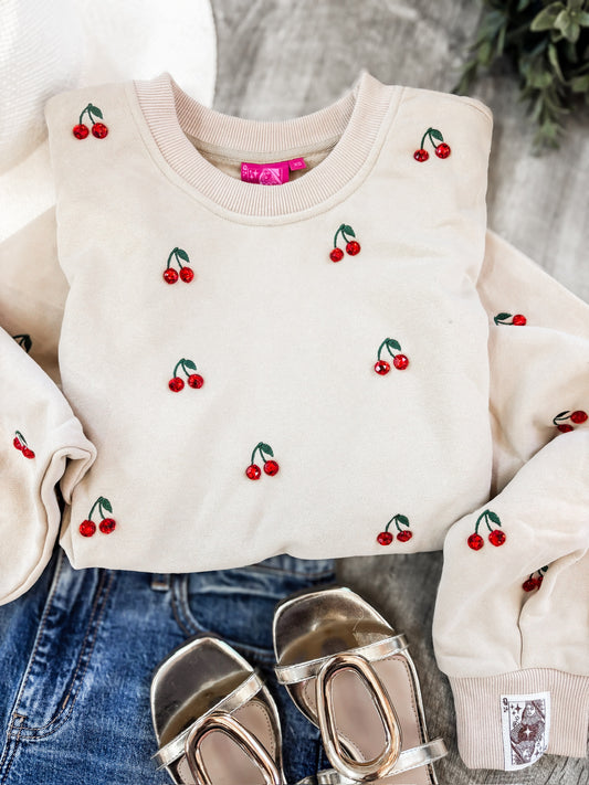 Queen of Sparkles Tan Jeweled Cherry Cropped Sweatshirt