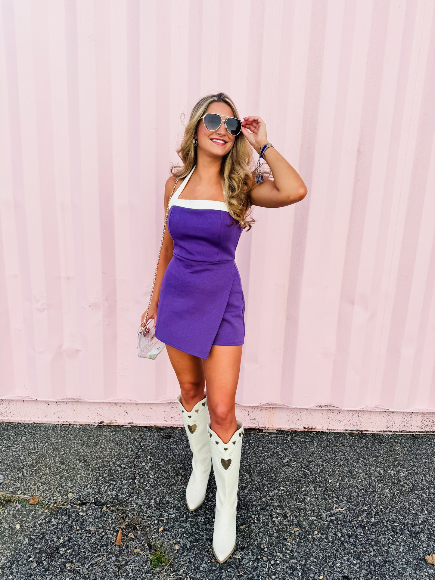 Team Captain Halter Neck Wrap Romper - Purple/White