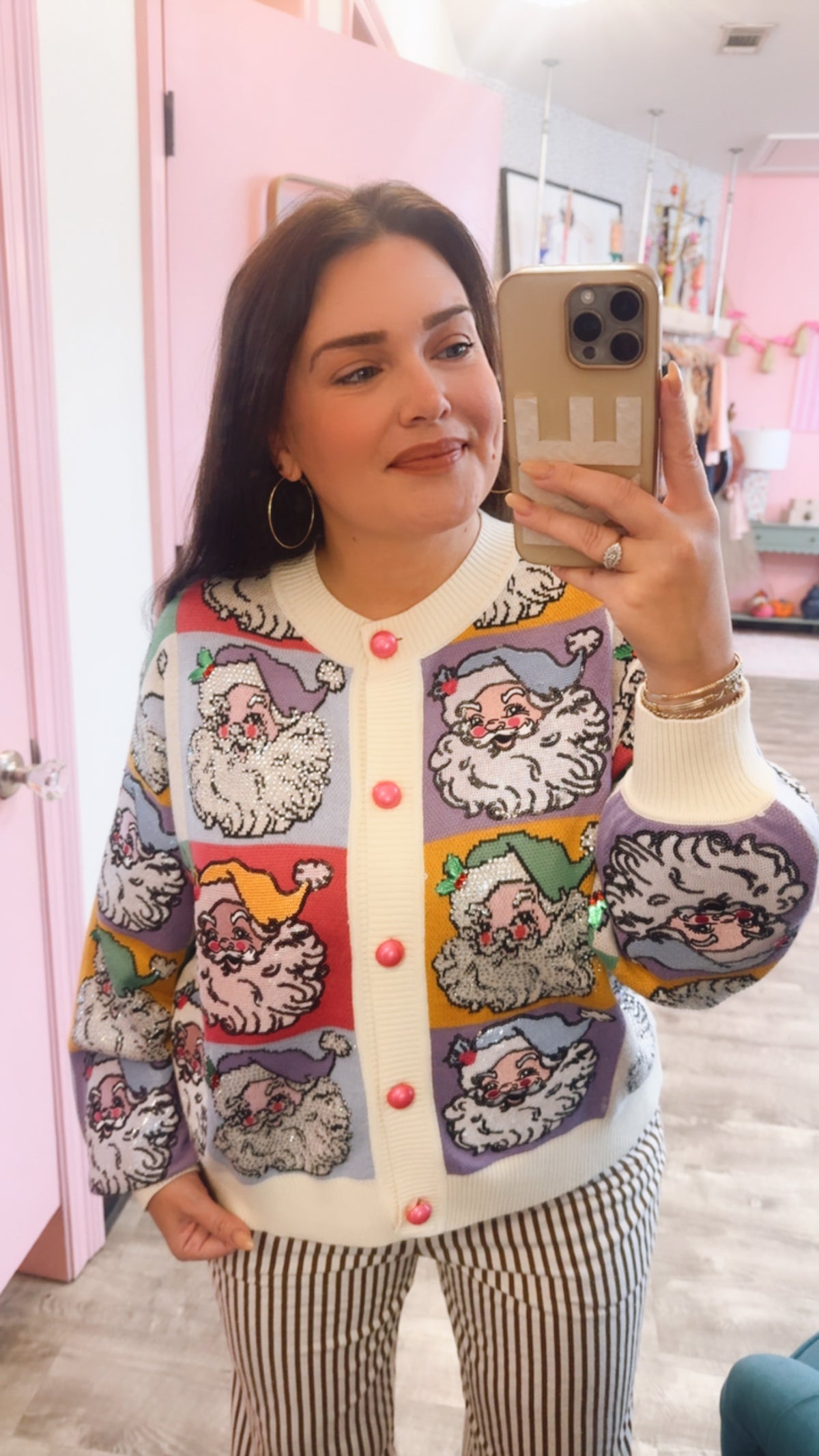 Queen of Sparkles Pastel Colorblock Santa Button Up Cardigan