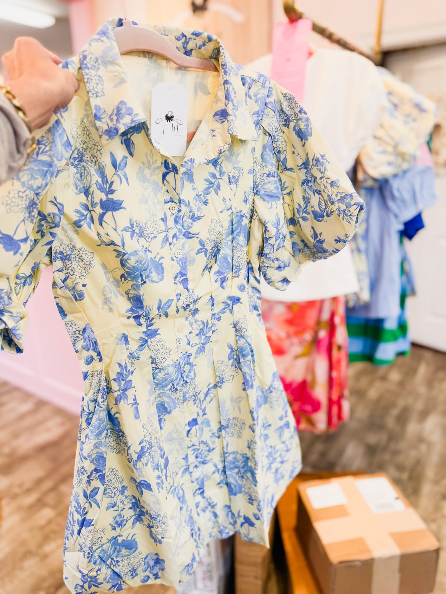 Emily Floral Puff Dress - Cream Blue
