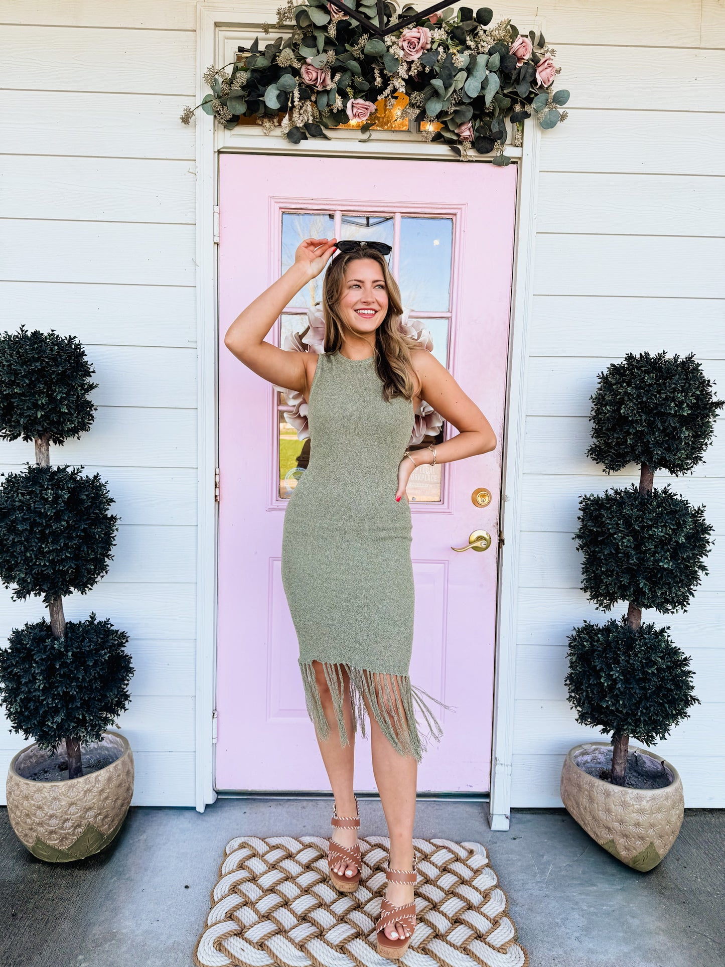Wild Cactus Fringe Midi Dress - Sage Green
