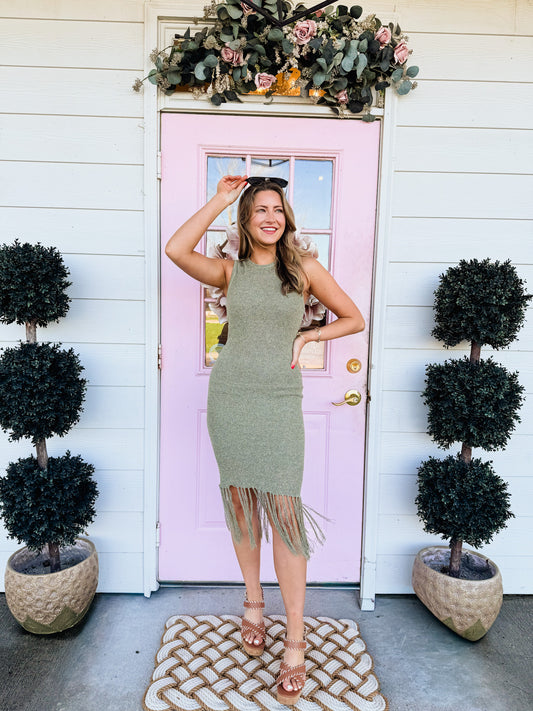 Wild Cactus Fringe Midi Dress - Sage Green