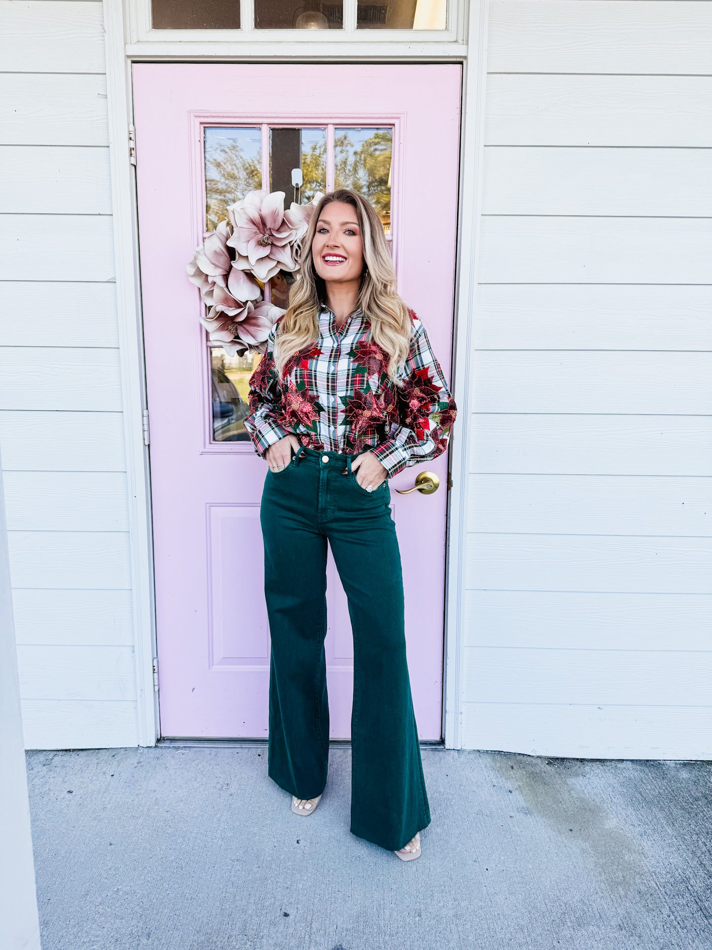 Queen Of Sparkles Red, Green & White Plaid Poinsettia Cotton Button Up Top