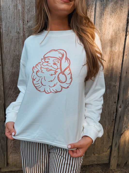 Red Santa Rhinestone Graphic Sweatshirt - White