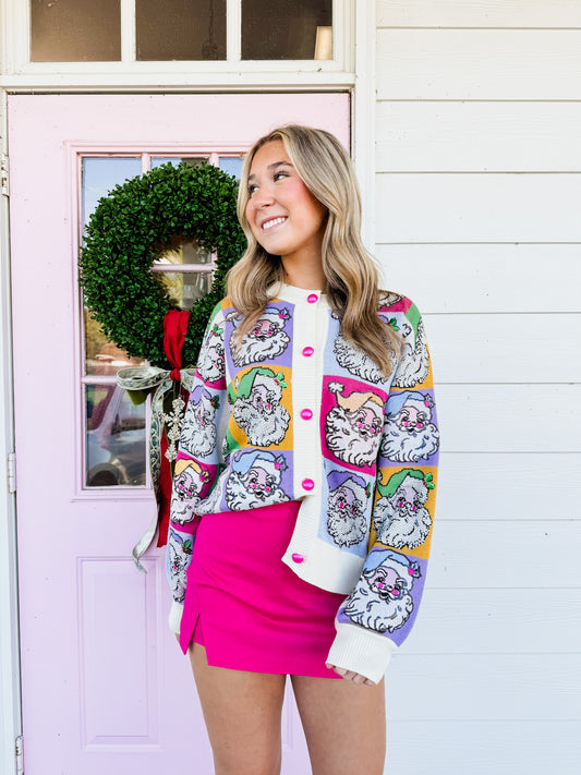 Queen of Sparkles Pastel Colorblock Santa Button Up Cardigan