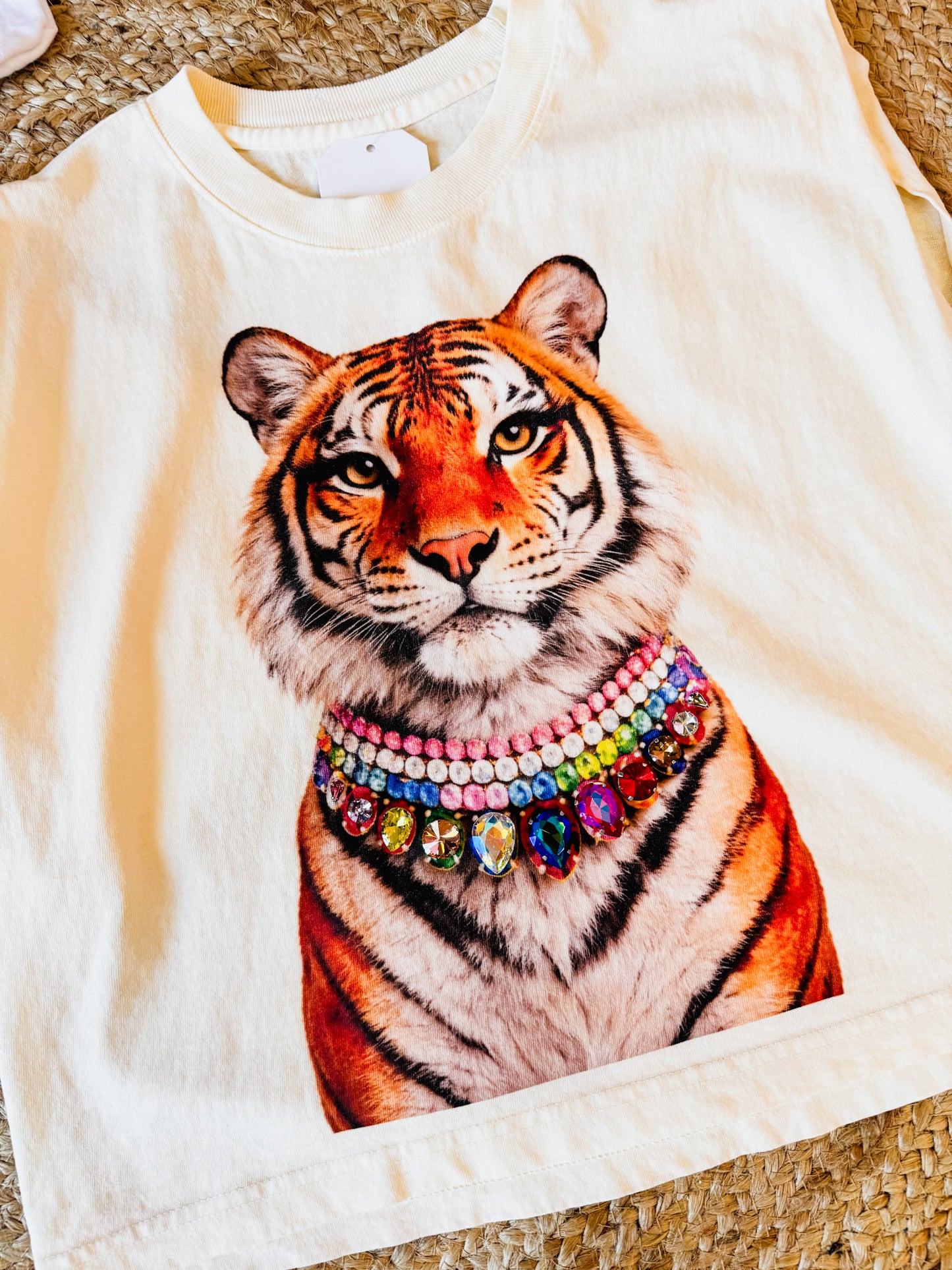Jeweled Collar Tiger Muscle Tank - Cream