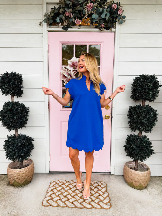 Walk Off Scalloped Trim Dress - Royal Blue