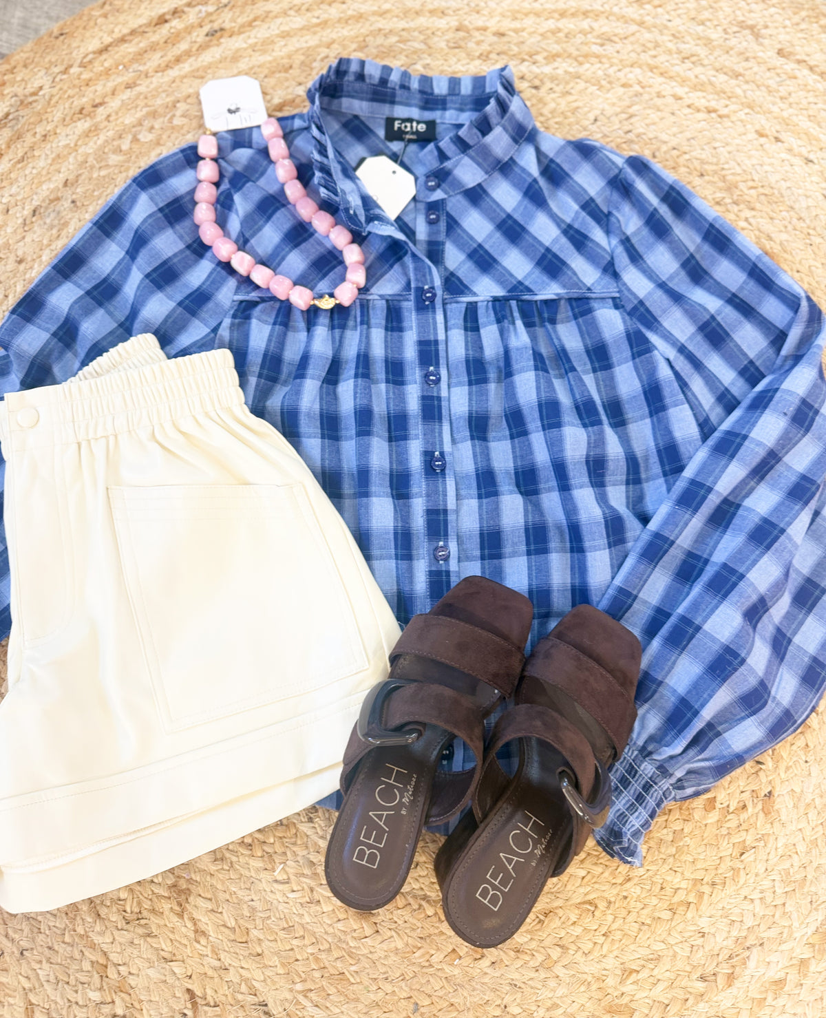 Hard Look Plaid Ruffled High Collar Button Down Top - Blue/Navy