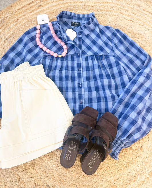 Hard Look Plaid Ruffled High Collar Button Down Top - Blue/Navy