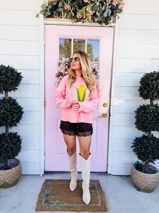 Corn Motif Pullover Sweater – Rose