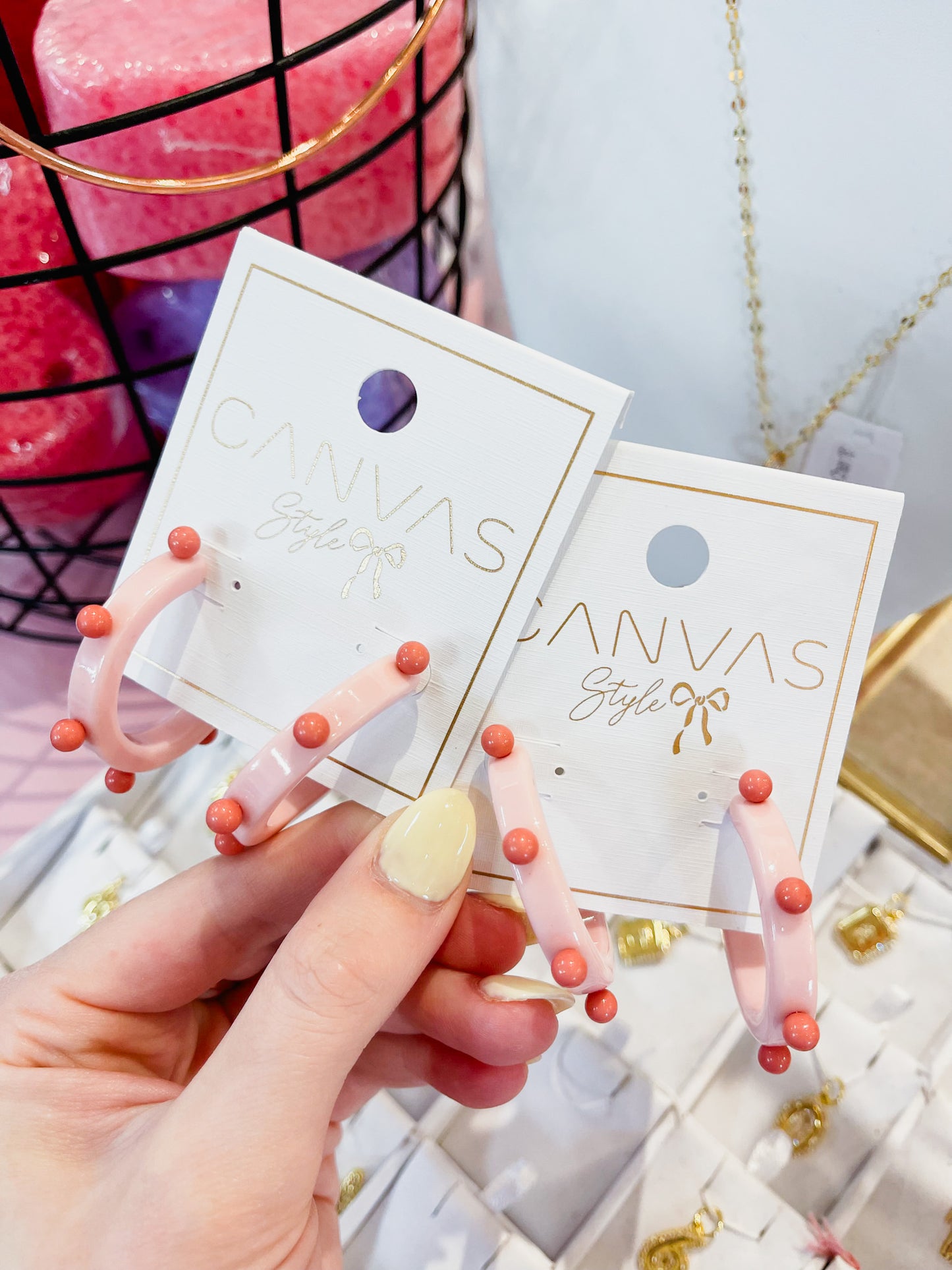 Olivia Studded Resin Hoop Earrings - Light Pink/Pink