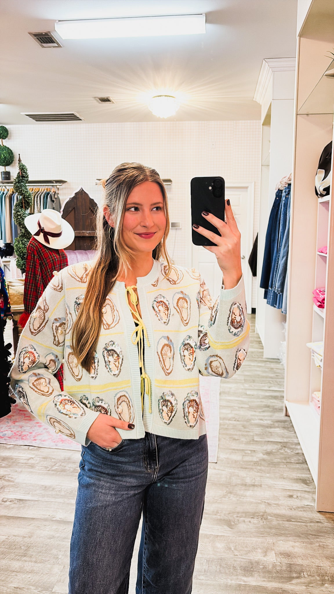 Queen Of Sparkles Pale Blue & Green Oyster Tie Up Sweater