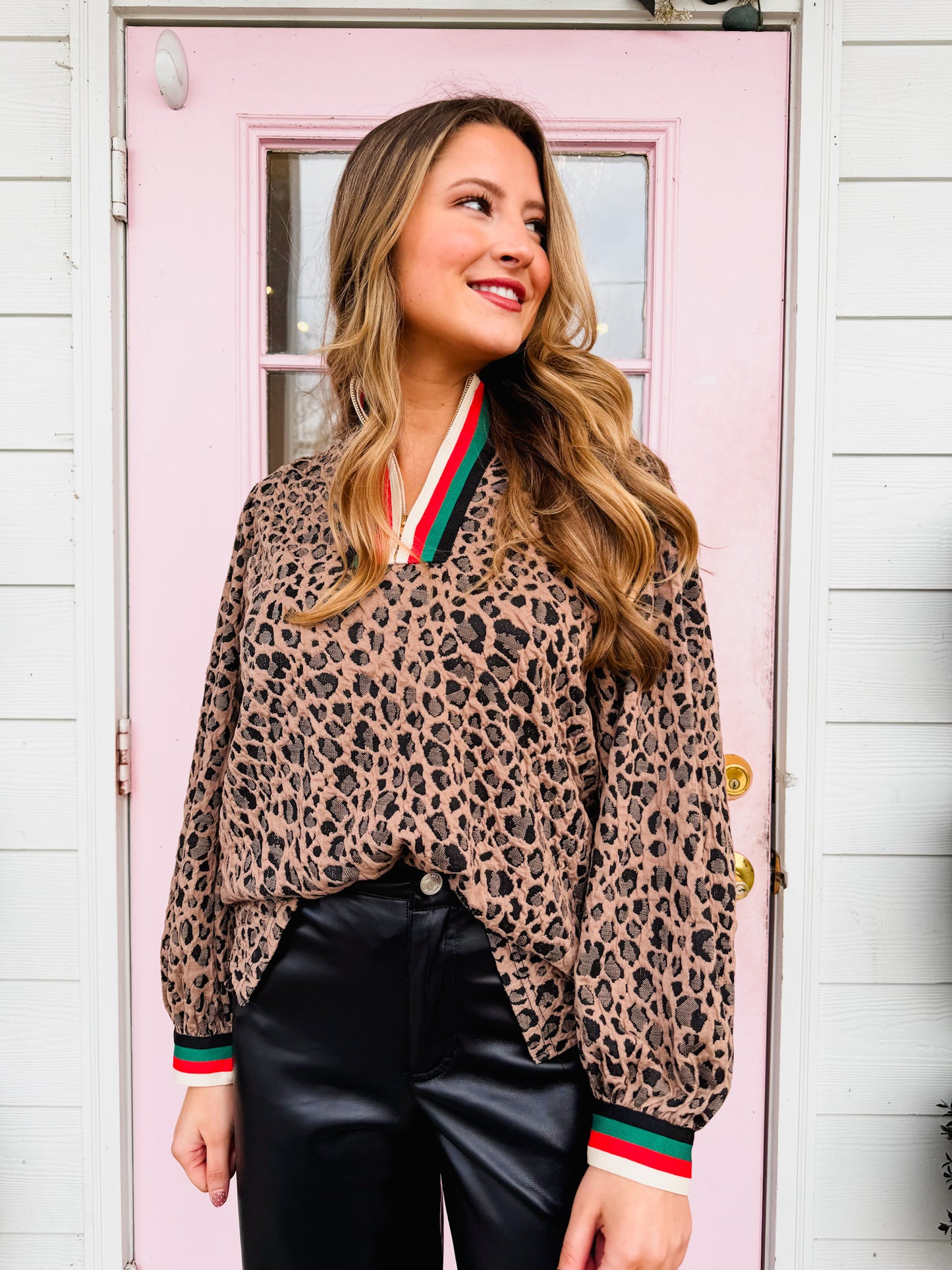 Power Move Zip Up Textured Leopard Top - Brown