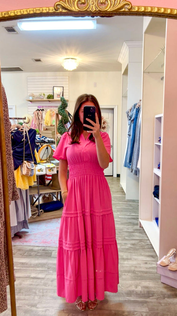 Sweet As Sugar Elastic Waist Tiered Midi Dress - Candy Pink