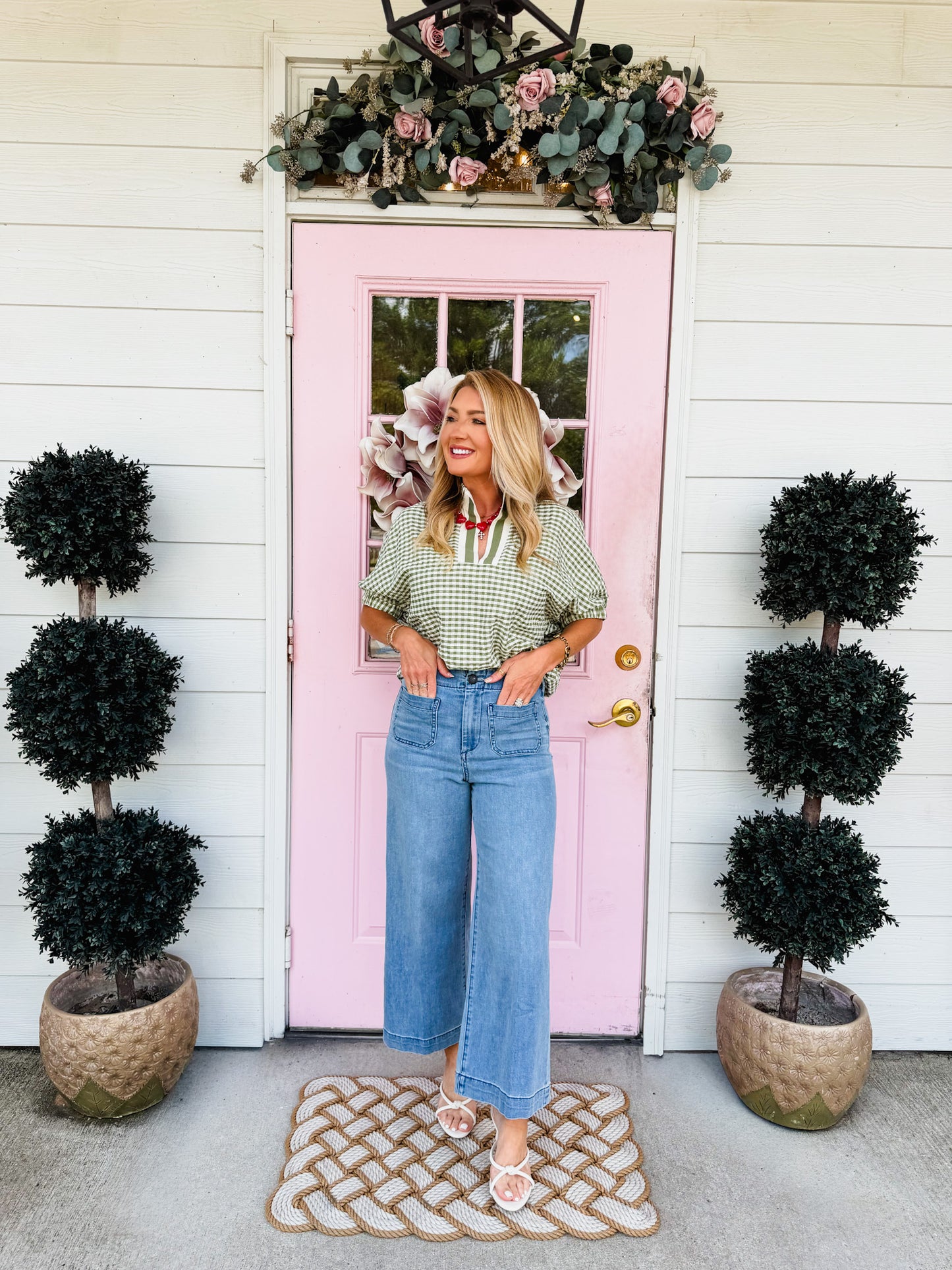 Plaid Short Sleeve Colorblock Trim Split Neck Top - Green