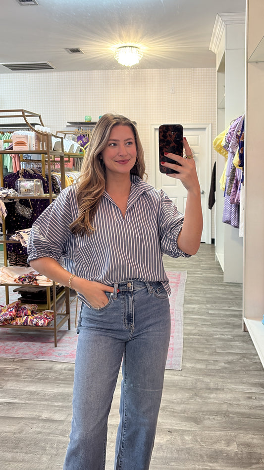 First Sight Sloan Drop Shoulder Top - Navy Ten Stripe