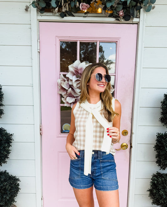 Gingham Plaid Knit Detachable Faux Wrap Sweater Tank Top - Khaki
