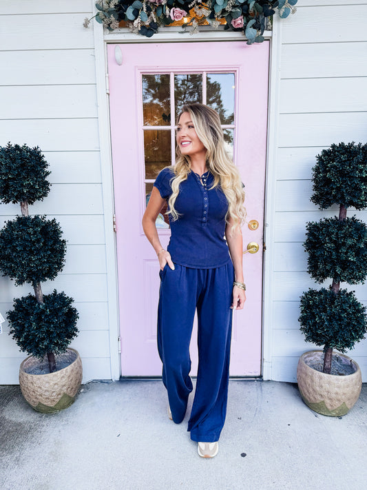 Big Fan Raglan Button Down Tee Pant Set - Navy