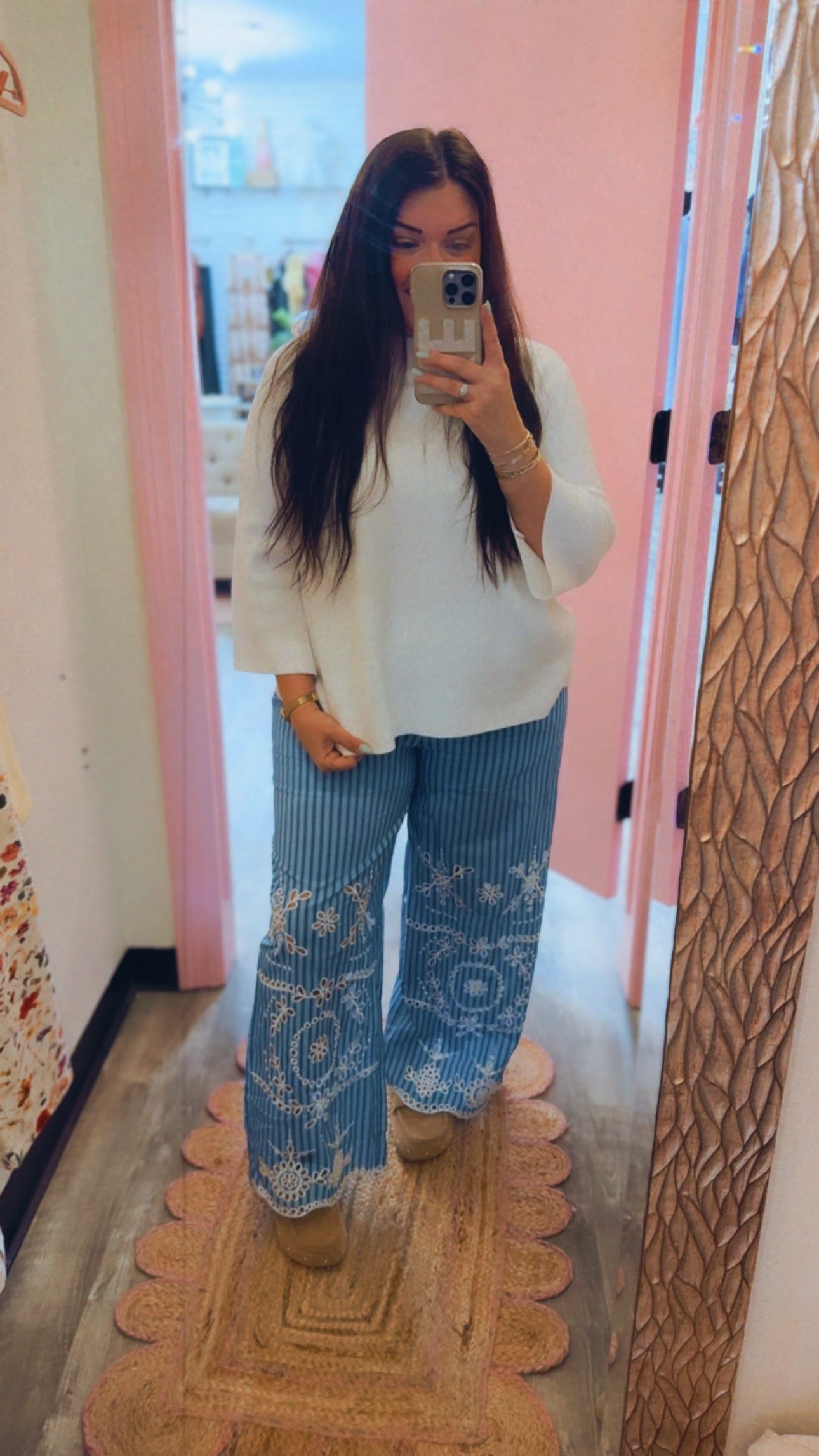 Looking Ahead Striped Elastic Waist Eyelet Pant - Blue