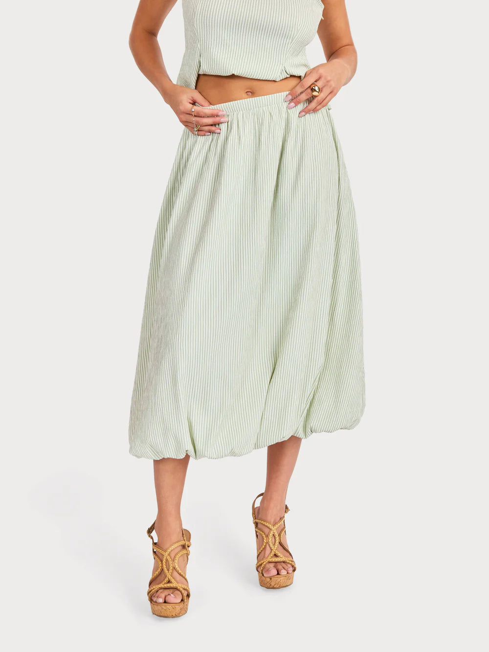 See Me Stripe Bubble Midi Skirt - Sage/Cream