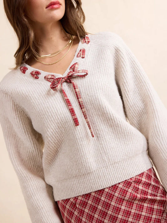 Hostess Plaid Lace Trim Sweater - Cream Red
