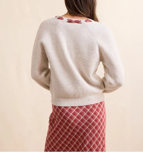 Hostess Plaid Lace Trim Sweater - Cream Red