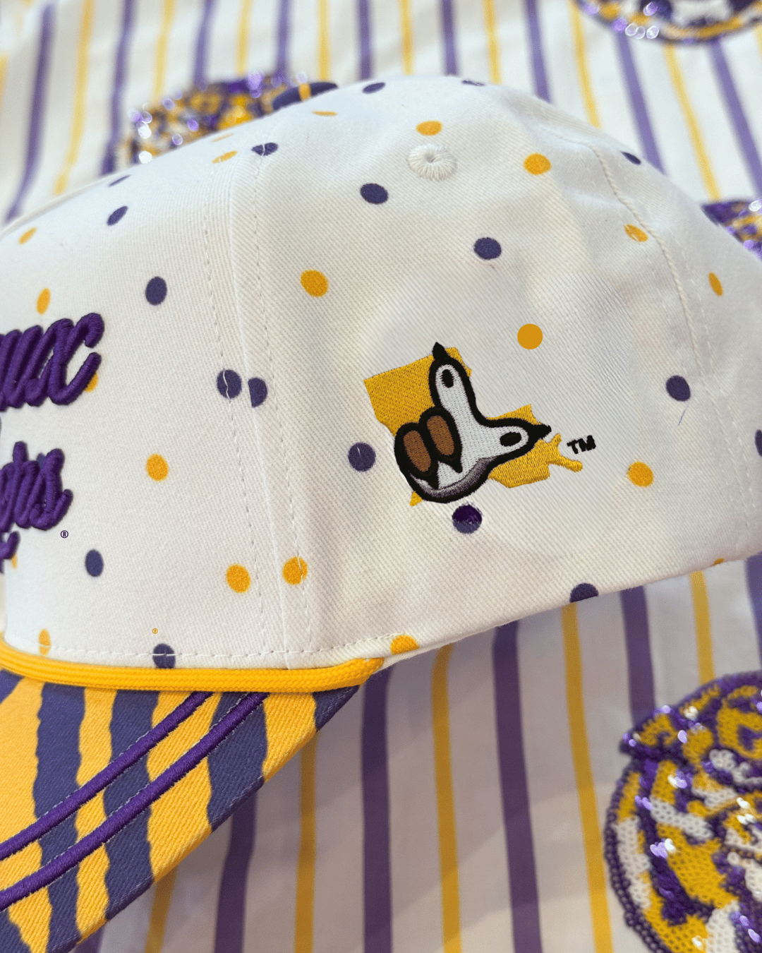 PRE-ORDER LSU Licensed Script Geaux Tigers Hat - Polka Dot/Tiger Print