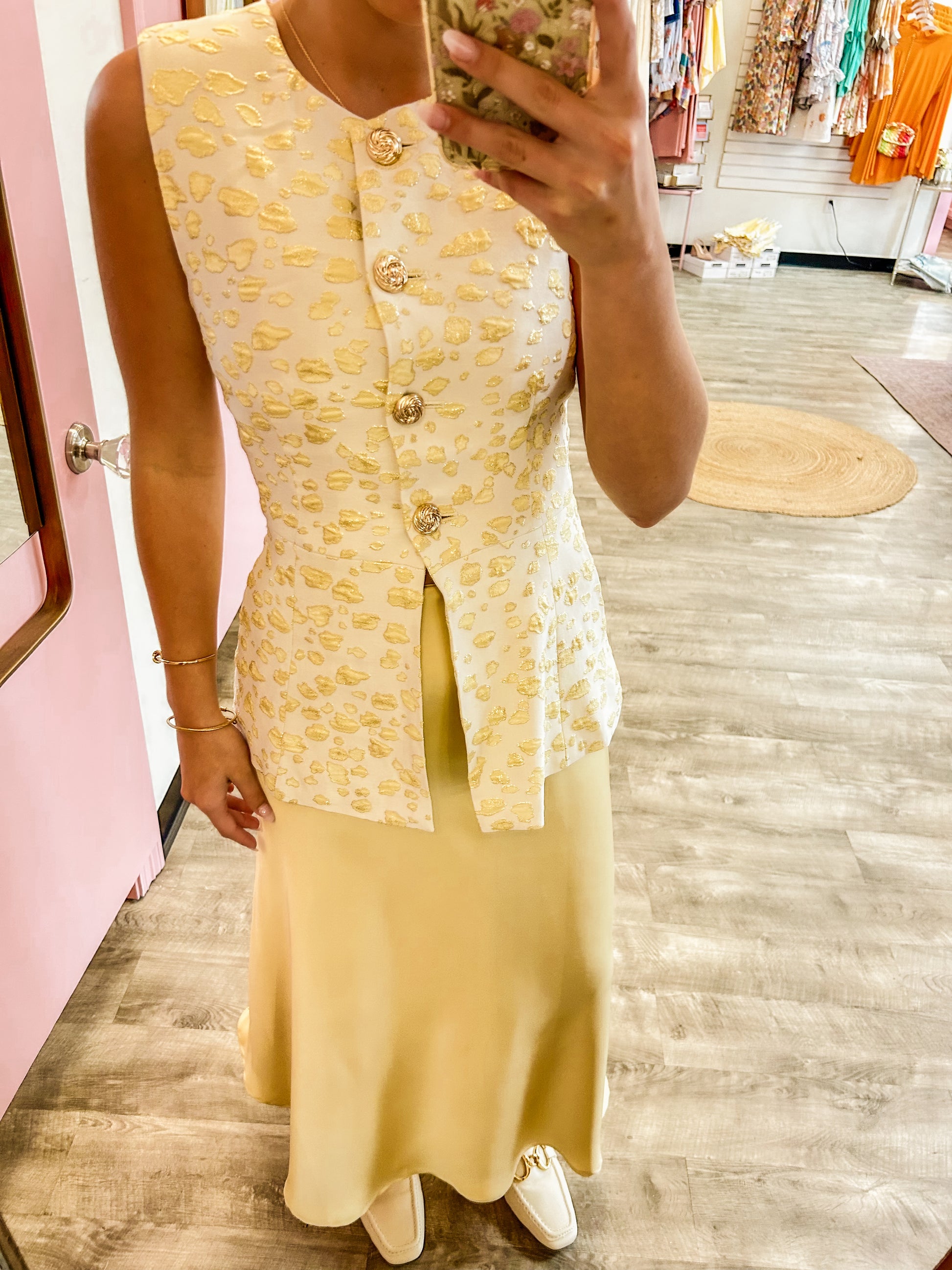That's Life Abstract Pattern Jacqard Gold Accented Vest - Lemon