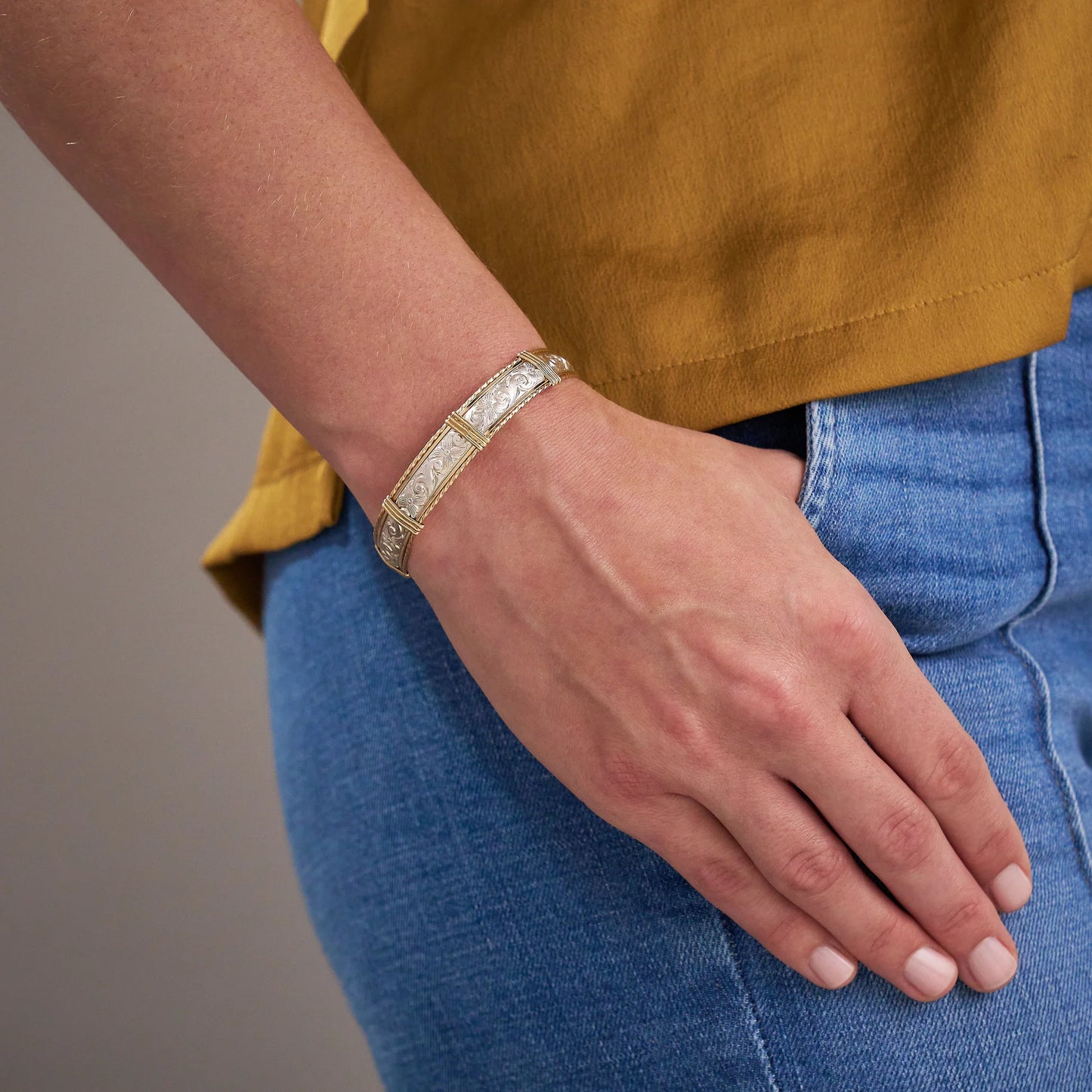 Angelina Bracelet - Sterling Silver Bar with 14K Gold Artist Wire