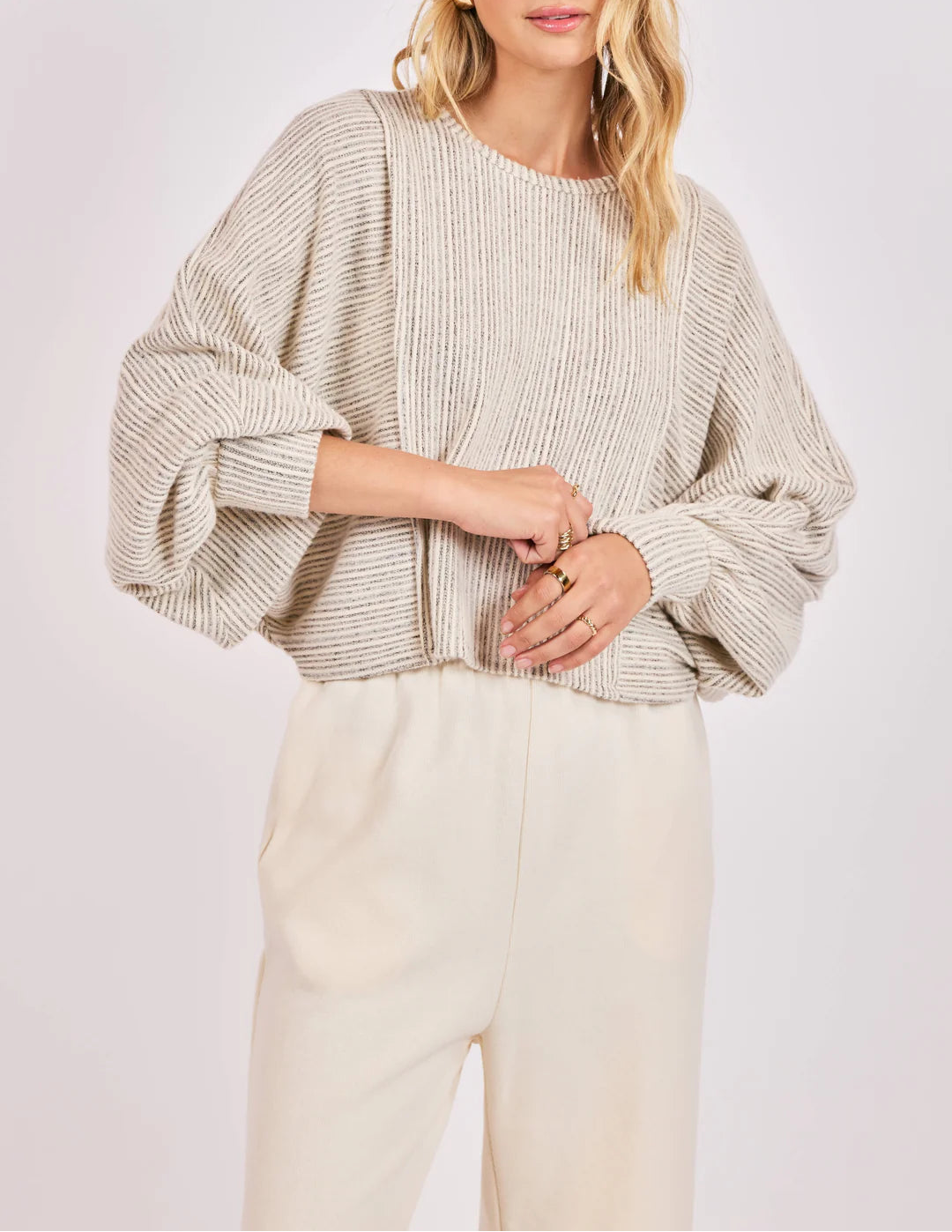 Arden Stripe Dolman Sleeve Knit Top - Grey Ivory