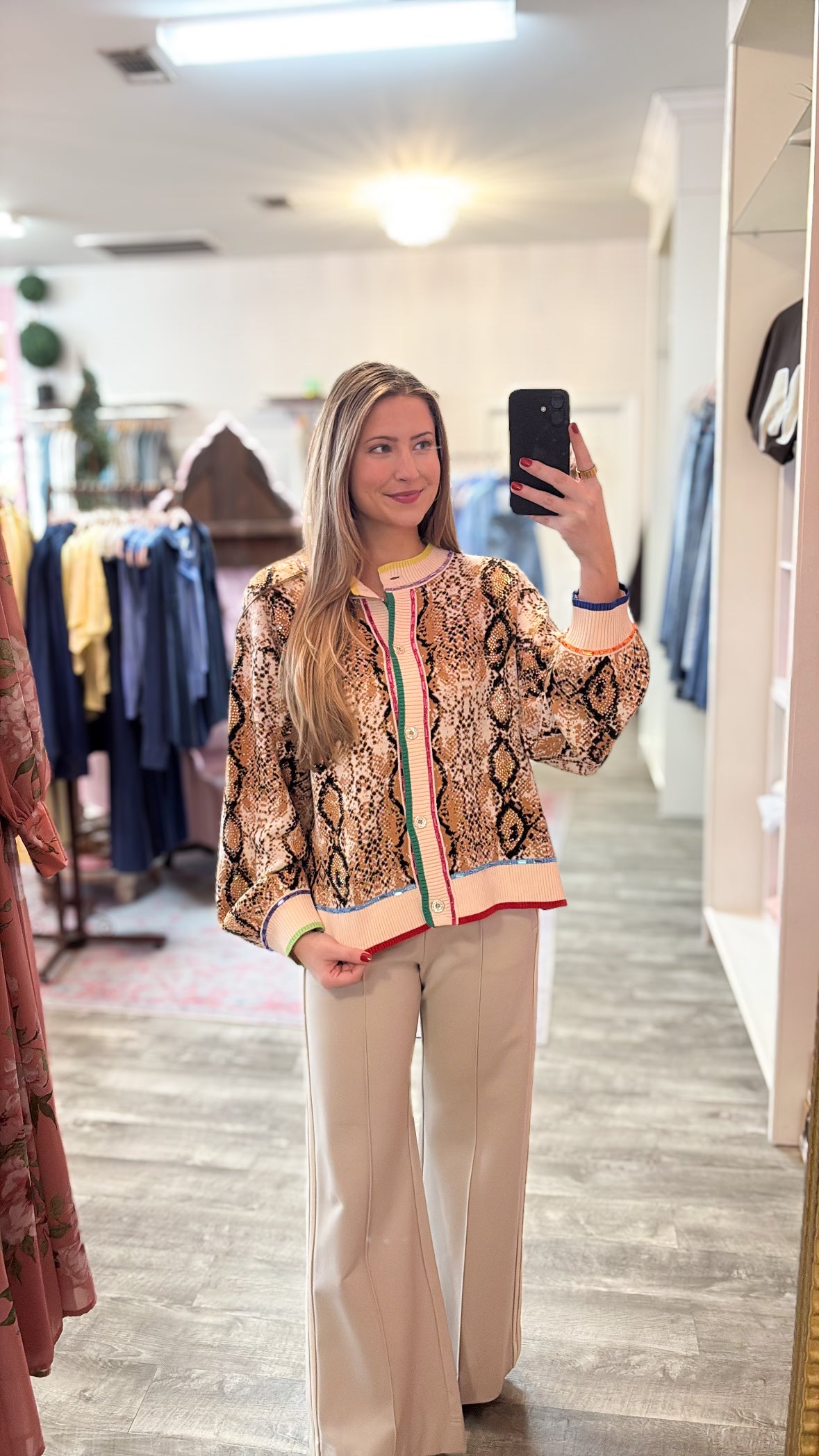 Queen of Sparkles Snake Print Rainbow Trim Button Up Sweater Cardigan