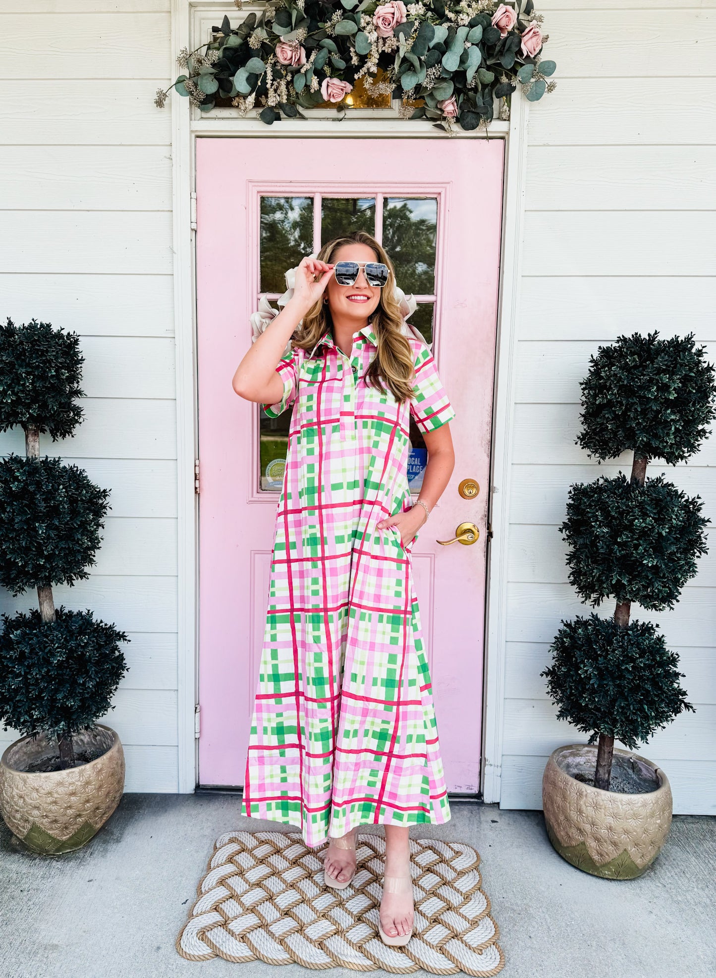 Bring It Home Plaid Button Down Midi Dress - Pink