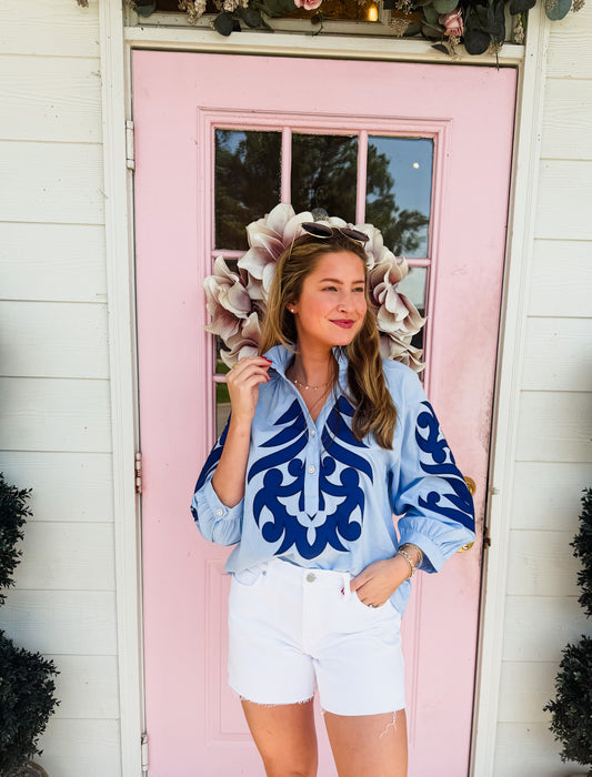 Don't Leave Baroque Applique Detail Top - Blue
